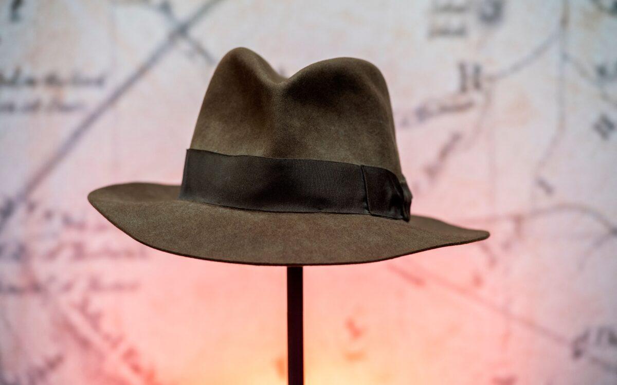 Harrison Ford's Indiana Jones' fedora from the movie "Indiana Jones and the Temple of Doom" is exhibited during a press preview of Prop Store's Iconic Film and TV Memorabilia in Valencia, Calif., on May 14, 2021. (Valerie Macon/AFP via Getty Images)