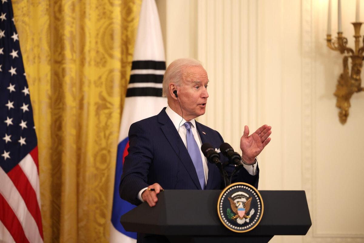 U.S. President Joe Biden speaks during a joint press conference with South Korean President Moon Jae-in in the East Room of the White House in Washington, on May 21, 2021. (Anna Moneymaker/Getty Images)