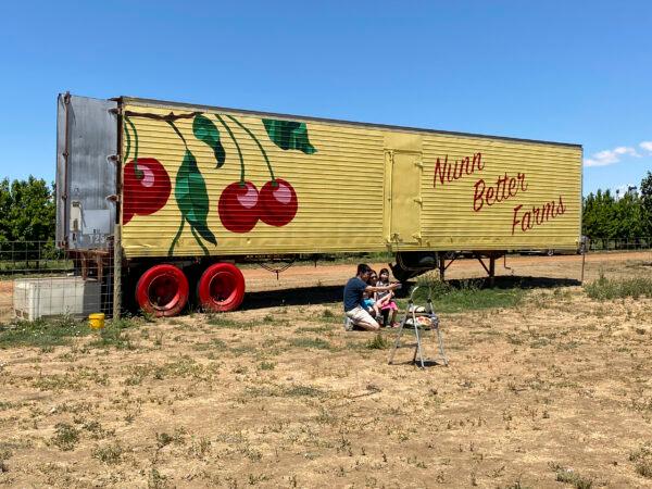 Visitors take photos with the farm sign at Nunn Better Farms in Brentwood, Calif., on May 20, 2021. (Ilene Eng/The Epoch Times)