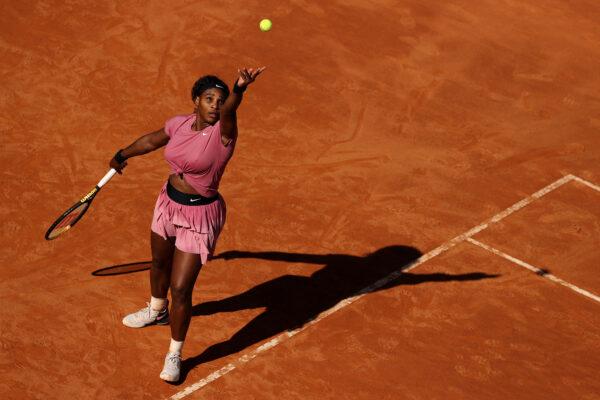 Serena Williams of USA serves on day 5 of the Internazionali BNL d’Italia match between Serena Williams of USA and Nadia Podoroska of Argentina at Foro Italico in Rome, Italy, on May 12, 2021. (Clive Brunskill/Getty Images)