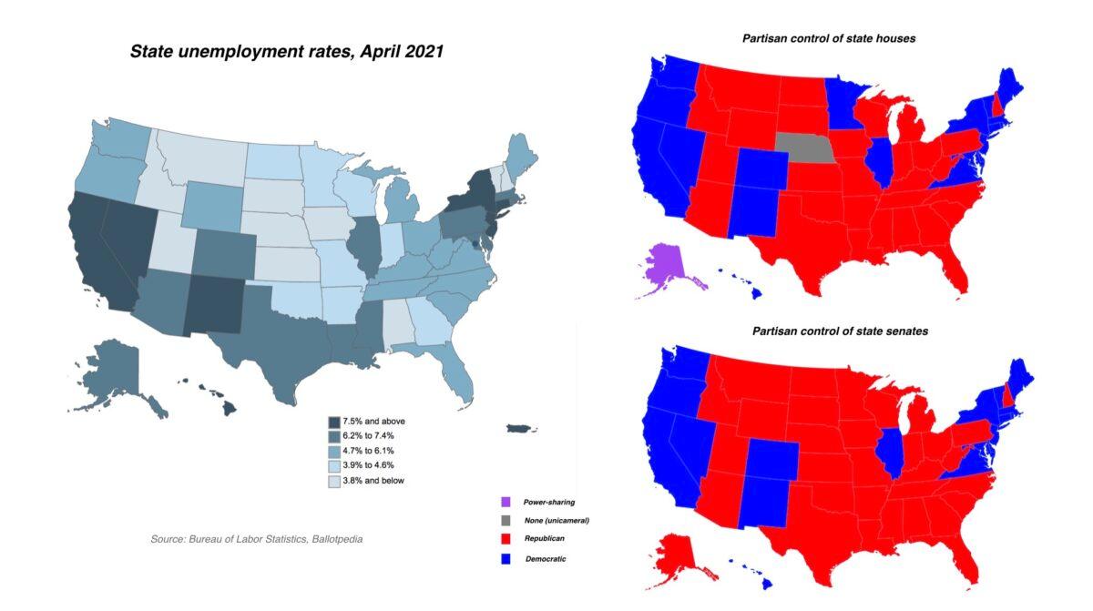 State unemployment rates in April 2021, and partisan control of state houses and senates. (Commerce Department/Ballotpedia/ET)