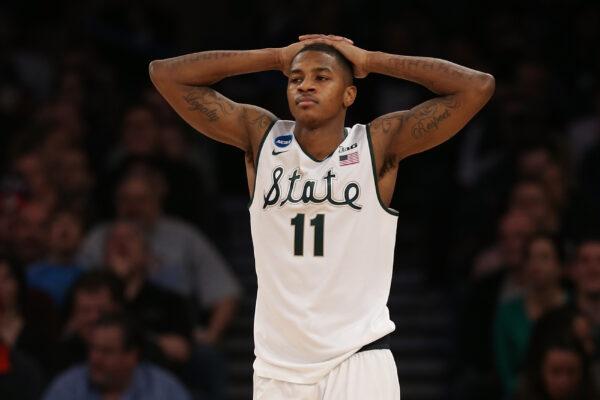 Keith Appling #11 of the Michigan State Spartans reacts against the Connecticut Huskies during the East Regional Final of the 2014 NCAA Men's Basketball Tournament at Madison Square Garden in New York City, on March 30, 2014. (Bruce Bennett/Getty Images)