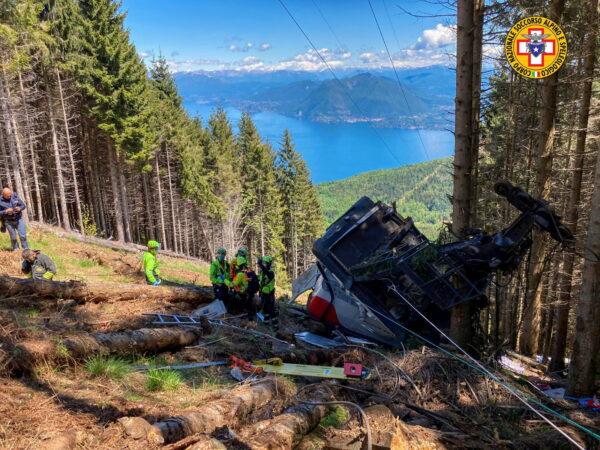 A crashed cable car is seen after it collapsed in Stresa, near Lake Maggiore, Italy, on May 23, 2021. (Alpine Rescue Service/Handout via Reuters)