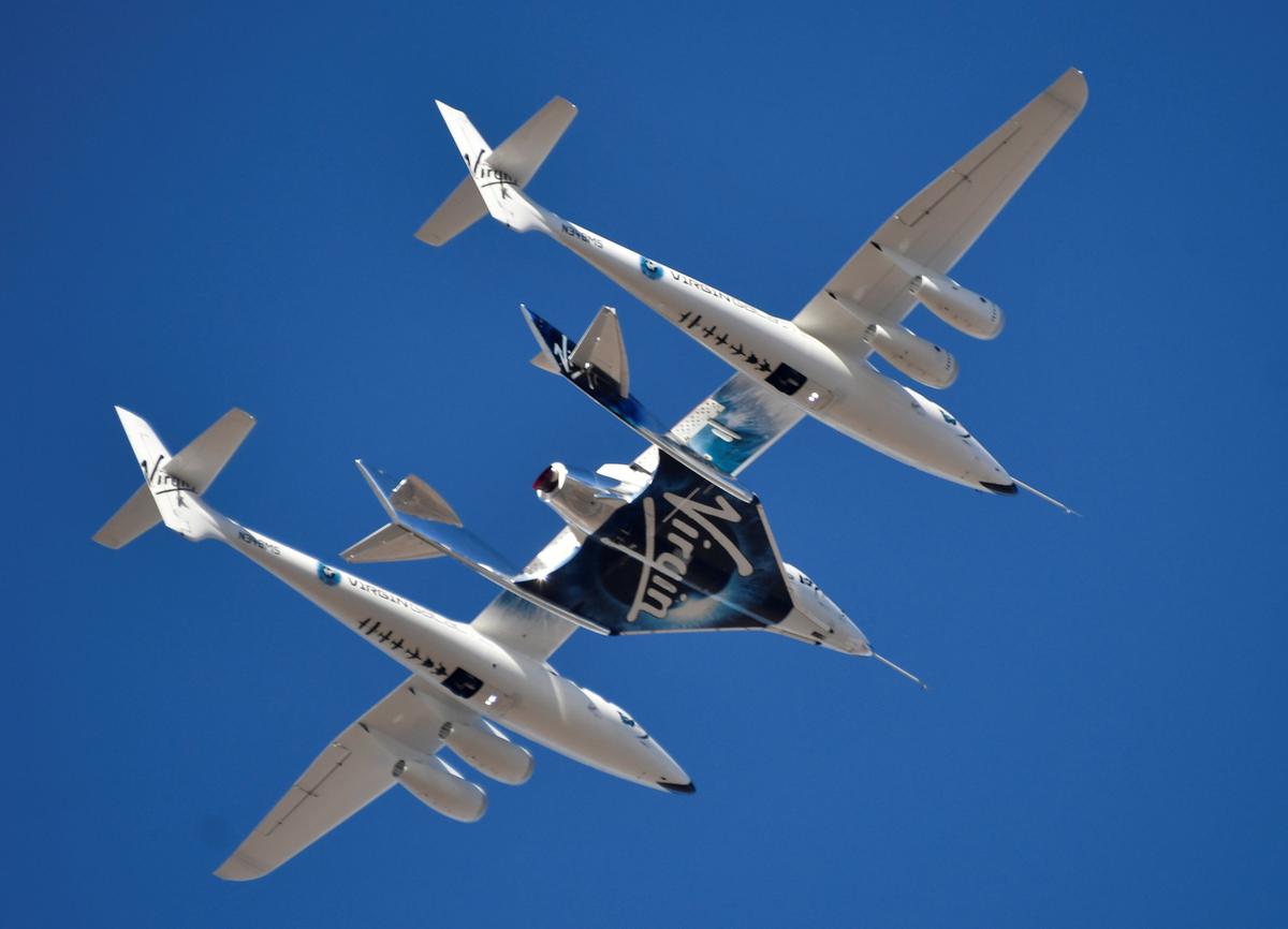 The Virgin Galactic rocket plane, the WhiteKnightTwo carrier airplane, with SpaceShipTwo passenger craft takes off from Mojave Air and Space Port in Mojave, Calif., on Feb. 22, 2019. (Gene Blevins/File Photo/Reuters)