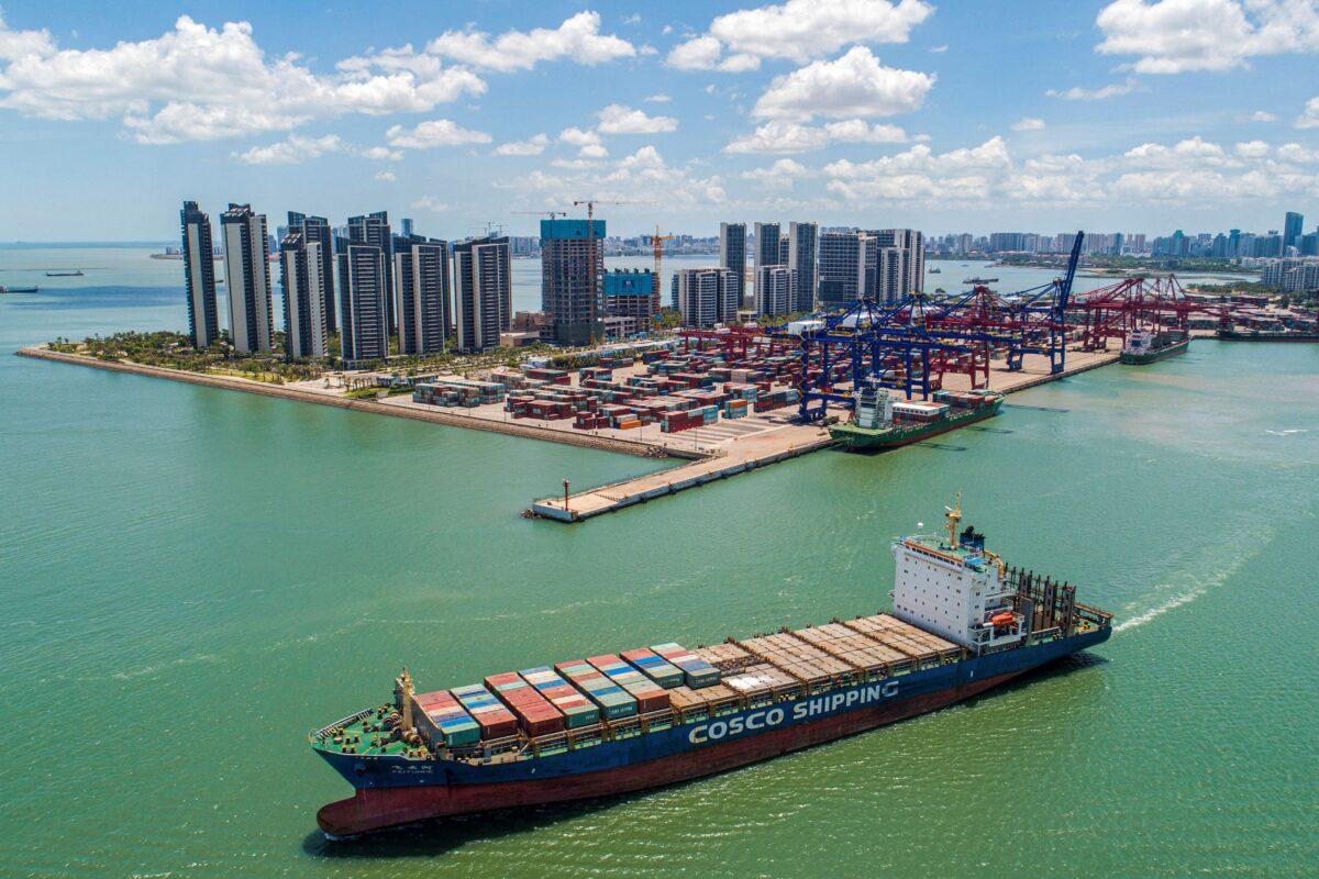 A cargo ship loaded with containers leaving a port in Haikou in China's southern Hainan province, on May 17, 2021. (STR/AFP via Getty Images)