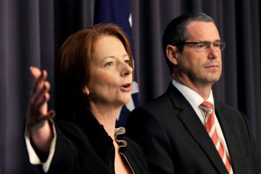 Former Prime Minister Julia Gillard and Former Senator Stephen Conroy speaking at a press conference in Canberra, Australia on Feb. 28, 2012.(AAP Image/Alan Porritt)