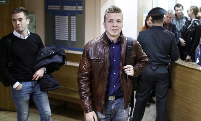 Opposition blogger and activist Roman Protasevich, who is accused of participating in an unsanctioned protest at the Kuropaty preserve, arrives for a court hearing in Minsk, Belarus, on April 10, 2017. (Stringer/Reuters)
