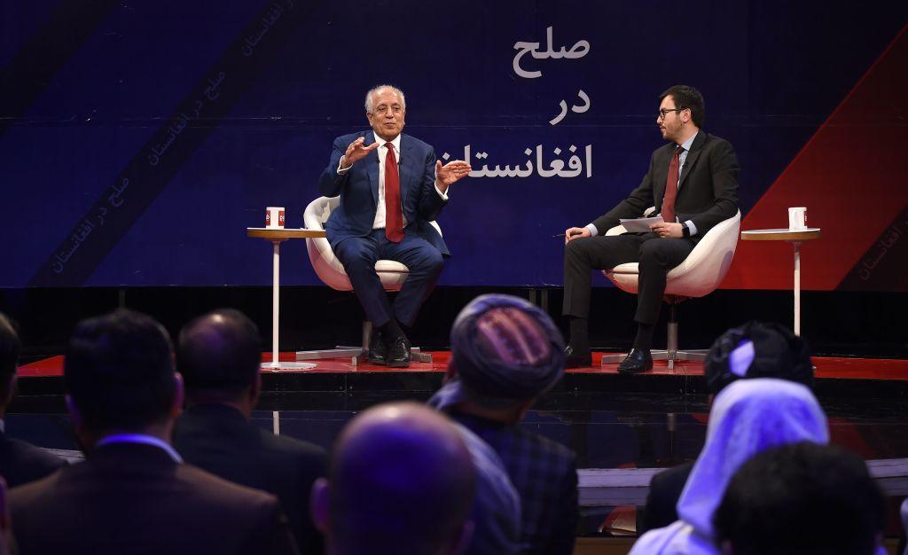 File image of U.S. special representative for Afghan peace and reconciliation Zalmay Khalilzad (L) gestures as he speaks during a forum with TOLOnews Director Lotfullah Najafizada (R), at the Tolo TV station in Kabul, Afghanistan, on April 28, 2019. (WAKIL KOHSAR/AFP via Getty Images)
