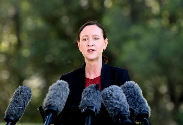 Health Minister Yvette D'Ath speaks after Queensland Premier Annastacia Palazczuk announced a three-day lockdown for the Greater Brisbane area in Brisbane, Australia, on March 29, 2021. (Bradley Kanaris/Getty Images)