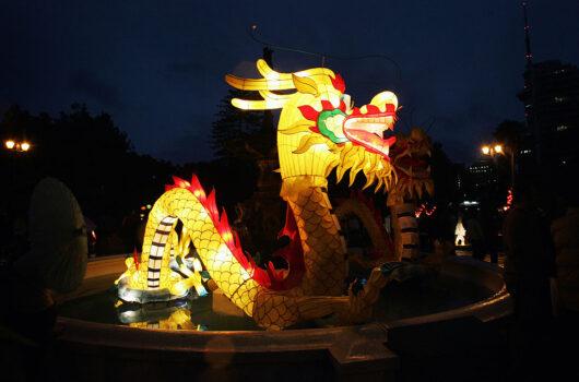 A dragon lantern is displayed in a fountain during Auckland Lantern Festival at Albert Park in Auckland, New Zealand on February 22, 2008 (Sandra Mu/Getty Images)