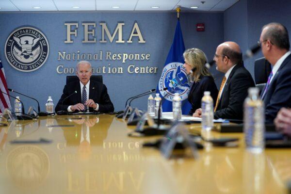 President Joe Biden participates in a briefing on the upcoming Atlantic hurricane season, at FEMA headquarters in Washington on May 24, 2021. (Evan Vucci/AP Photo)