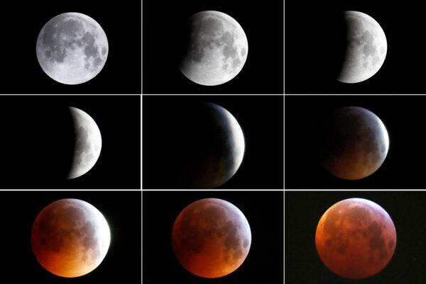 A combination of nine pictures shows the full moon turning into the "Super Blood Wolf Moon" during a total lunar eclipse in Frankfurt, Germany, on Jan. 21, 2019. (Kai Pfaffenbach/Reuters)