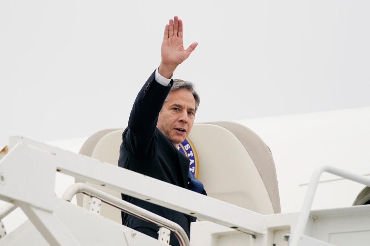 Secretary of State Antony Blinken waves as he departs to visit Israel and West Bank, at Andrews Air Force Base, Md., on May 24, 2021. (Alex Brandon/Pool via Reuters)