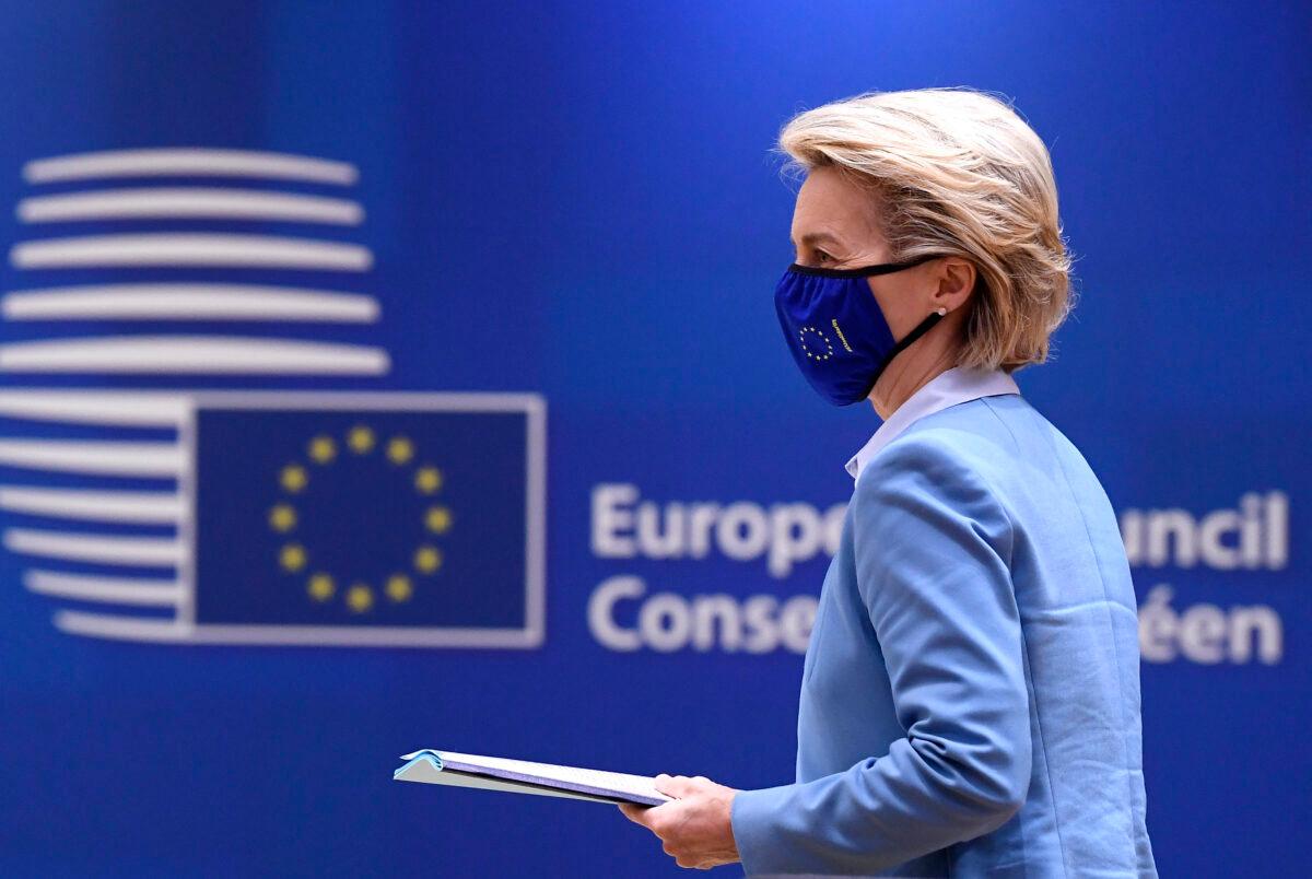 European Commission President Ursula von der Leyen attends a round table meeting at an EU summit in Brussels, on May 25, 2021. (John Thys/Pool via AP)
