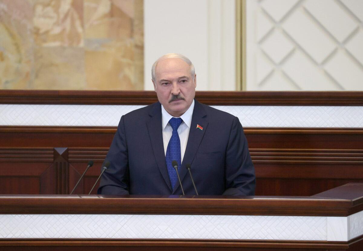 Belarusian President Alexander Lukashenko delivers a speech during a meeting with parliamentarians, members of the Constitutional Commission, and representatives of public administration bodies, in Minsk, Belarus, on May 26, 2021. (Maxim Guchek/BelTA/Handout via Reuters)