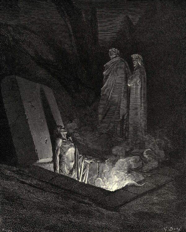 Dante and Virgil enter the Infernal city of Dis where Farinata Degli Uberti rises from the flames. A Gustave Doré woodcut illustration from Canto X of “The Divine Comedy: The Inferno.” (Public Domain)