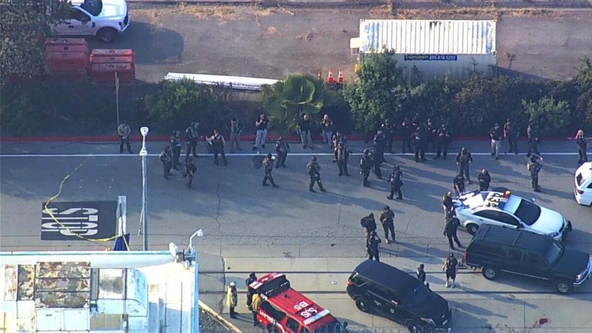 Law enforcement officers gather near the site of a reported shooting in San Jose, Calif., on May 26, 2021. (Courtesy of KGO)