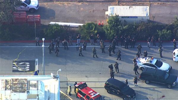 Law enforcement officers gather near the site of a reported shooting in San Jose, Calif., on May 26, 2021. (Courtesy of KGO)