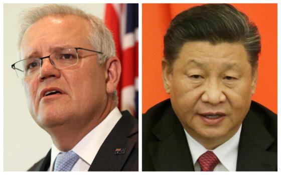 This combination of pictures created on May 26, 2021, shows recent portraits of<br/>Australian Prime Minister Scott Morrison (L) and Chinese Communist Party leader Xi Jinping (R). (Paul Kane, Jason Lee-Pool/Getty Images