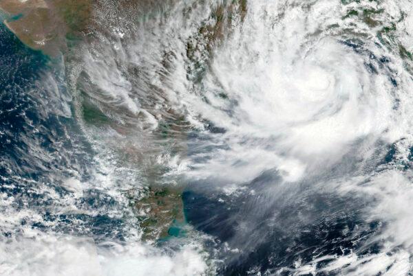 Cyclone Yaas approaching India's eastern coast, on May 25, 2021. (NASA Worldview/Earth Observing System Data and Information System (EOSDIS) via AP)