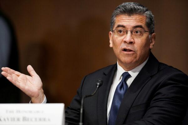 Xavier Becerra at a Senate Finance Committee nomination hearing on Capitol Hill in Washington, on Feb. 24, 2021. (Greg Nash/Pool via Reuters)