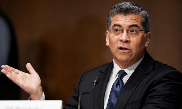 Xavier Becerra at a Senate Finance Committee nomination hearing on Capitol Hill in Washington, on Feb. 24, 2021. (Greg Nash/Pool via Reuters)