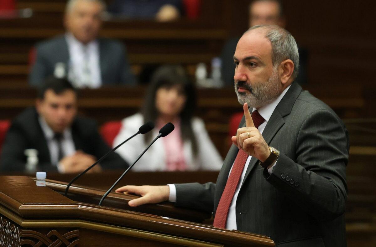 Armenia's acting Prime Minister Nikol Pashinyan speaks during a parliament session in Yerevan, Armenia, on May 10, 2021. (Tigran Mehrabyan/PAN Photo via Reuters)