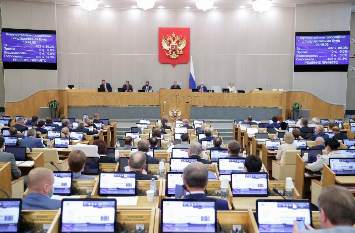 Deputies attend a session at the State Duma, the Lower House of the Russian Parliament in Moscow, Russia, Wednesday on May 19, 2021. (The State Duma, The Federal Assembly of The Russian Federation via AP)