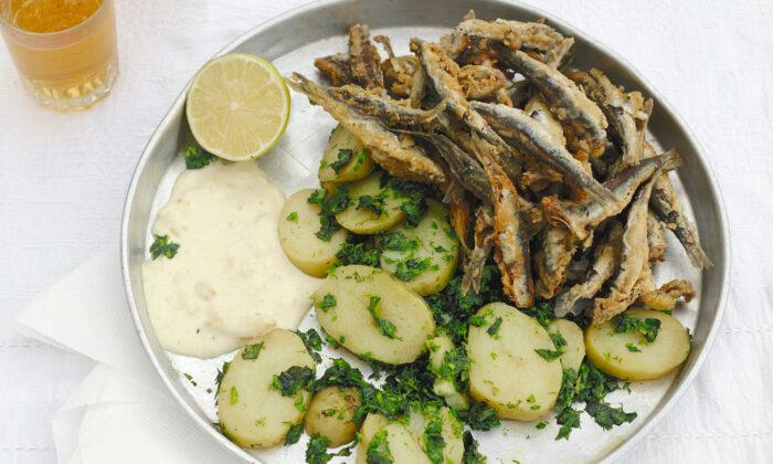 Fried Anchovies With Potatoes, Chopped Herbs, and Lemon Mayonnaise