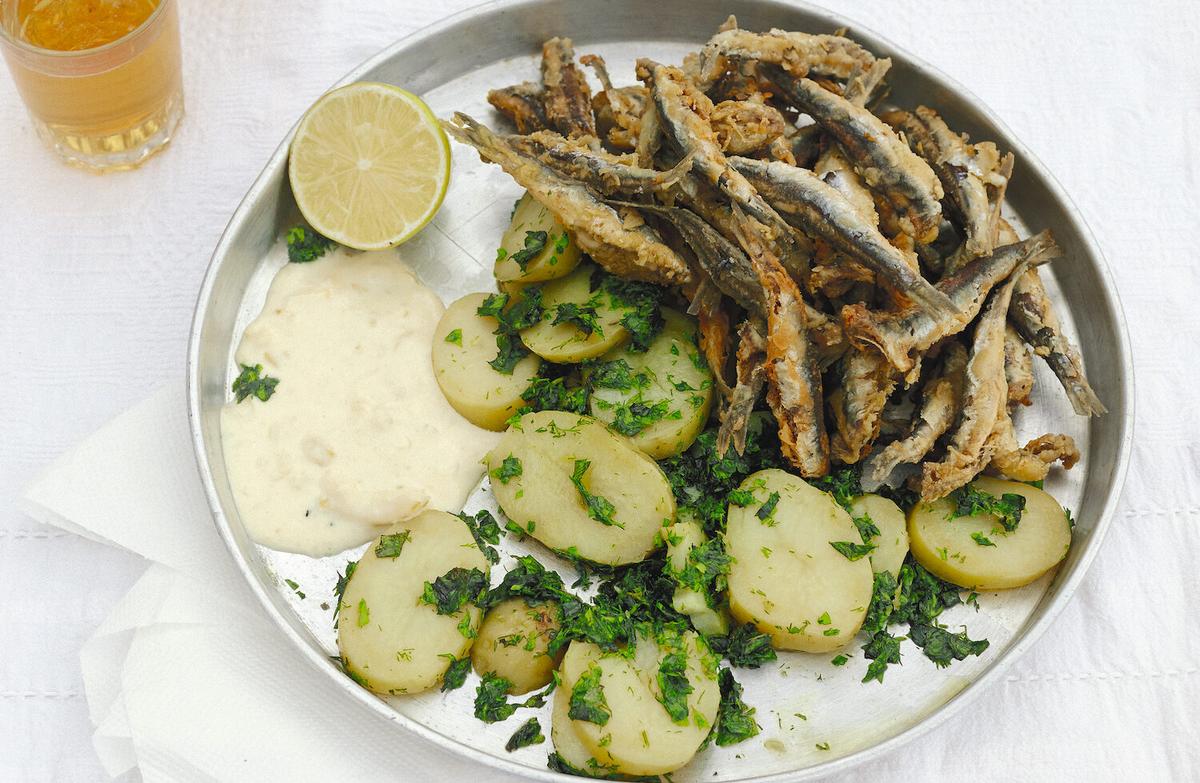 Fried Anchovies With Potatoes, Chopped Herbs, and Lemon Mayonnaise