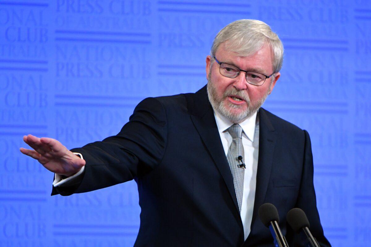 Former Australian Prime Minister Kevin Rudd at the National Press Club in Canberra, Australia, on March 9, 2021. (AAP Image/Mick Tsikas)