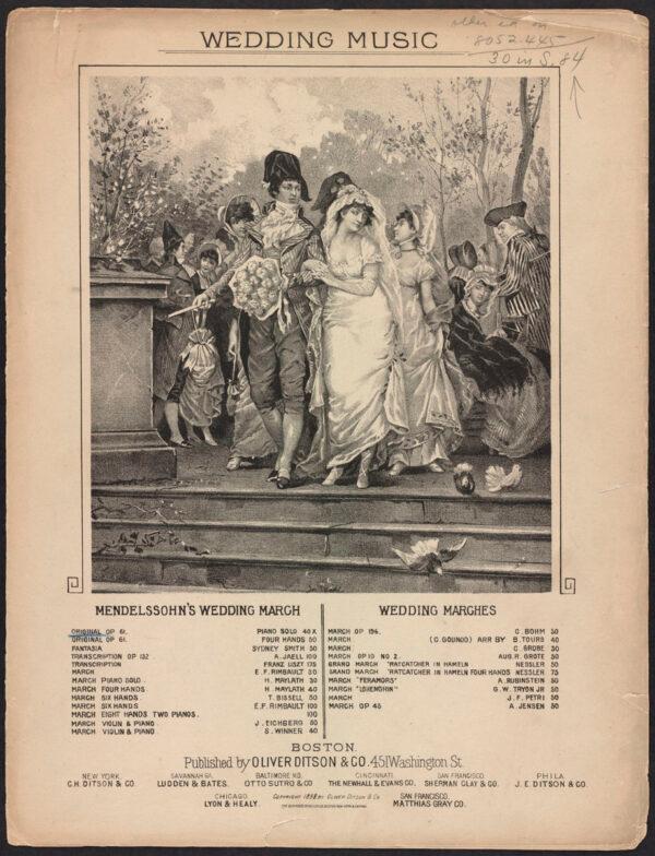 Sheet music for Mendelssohn's "Wedding March." Illustration shows 1790s-era French bride and groom on their wedding day. Lithograph by Bufford, John H. & Sons; published by Oliver Ditson & Co. in 1888. (Boston Public Library/CC BY 2.0)