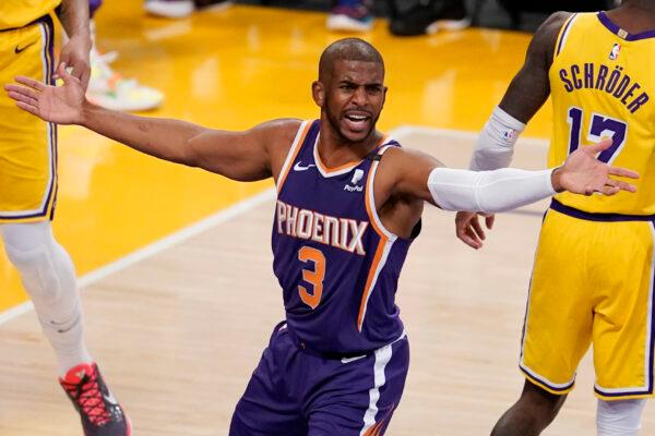 Phoenix Suns guard Chris Paul (3) argues a call during the first half in Game 3 of an NBA basketball first-round playoff series against the Los Angeles Lakers in Los Angeles, Calif., on May 27, 2021. (Marcio Jose Sanchez/AP Photo)