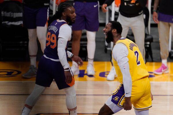 Los Angeles Lakers center Andre Drummond (2) celbrates after dunking in front of Phoenix Suns forward Jae Crowder (99) during the first half in Game 3 of an NBA basketball first-round playoff series in in Los Angeles, Calif., on May 27, 2021. (Marcio Jose Sanchez/AP Photo)