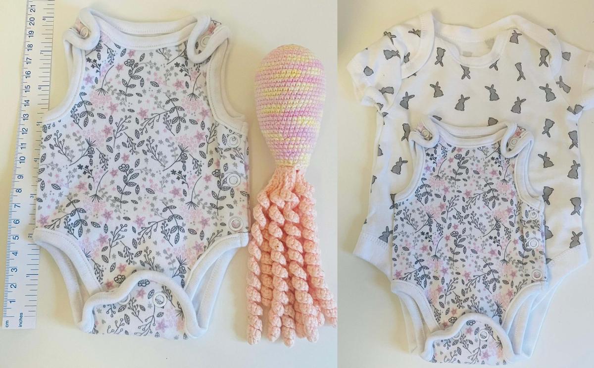Baby Arabella's clothes before, and months later. (Courtesy of Caters News)