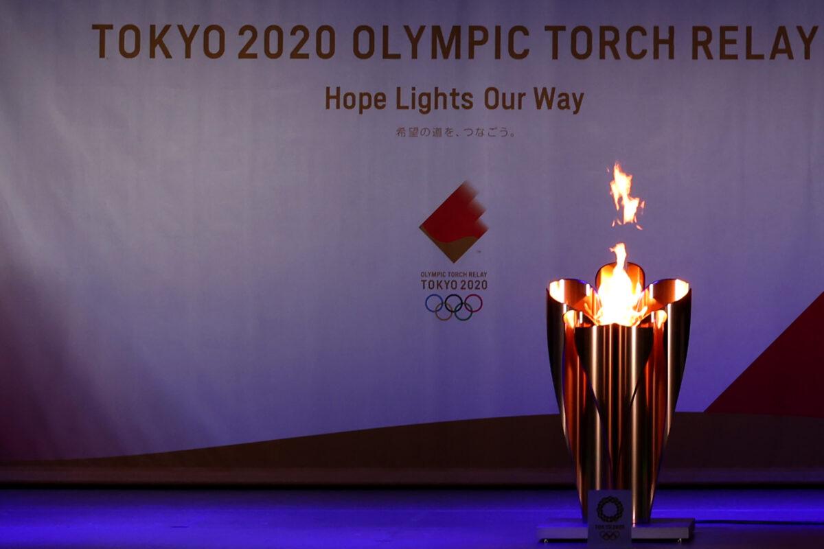 The Olympic flame burns in the cauldron during day one of the Tokyo Olympic Torch Relay Hyogo at Himeji Castle in Himeji, Hyogo, Japan, on May 23, 2021. (Buddhika Weerasinghe/Getty Images)
