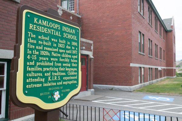 A plaque is seen outside the former Kamloops Indian Residential School on the Tk’emlúps te Secwépemc First Nation in Kamloops, B.C., on May 27, 2021. (The Canadian Press/Andrew Snucins)