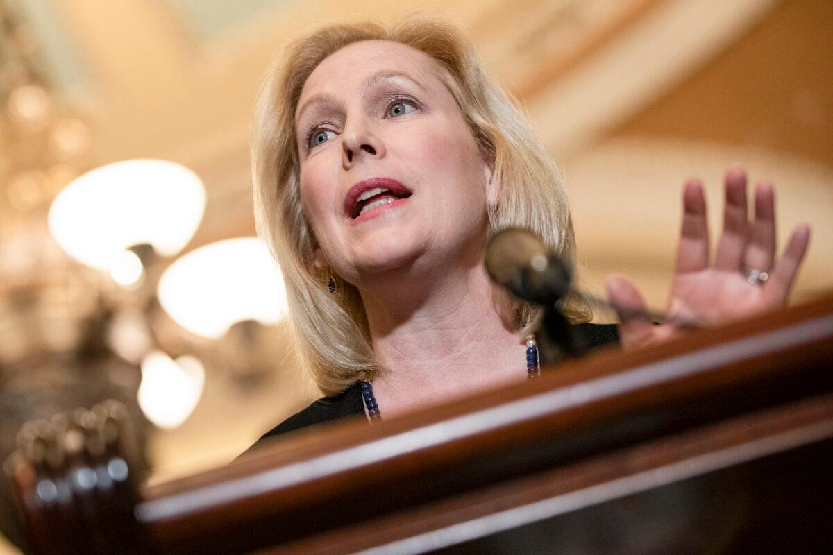 Sen. Kirsten Gillibrand (D-N.Y.) talks to reporters on Capitol Hill in Washington on March 10, 2020. (Samuel Corum/Getty Images)