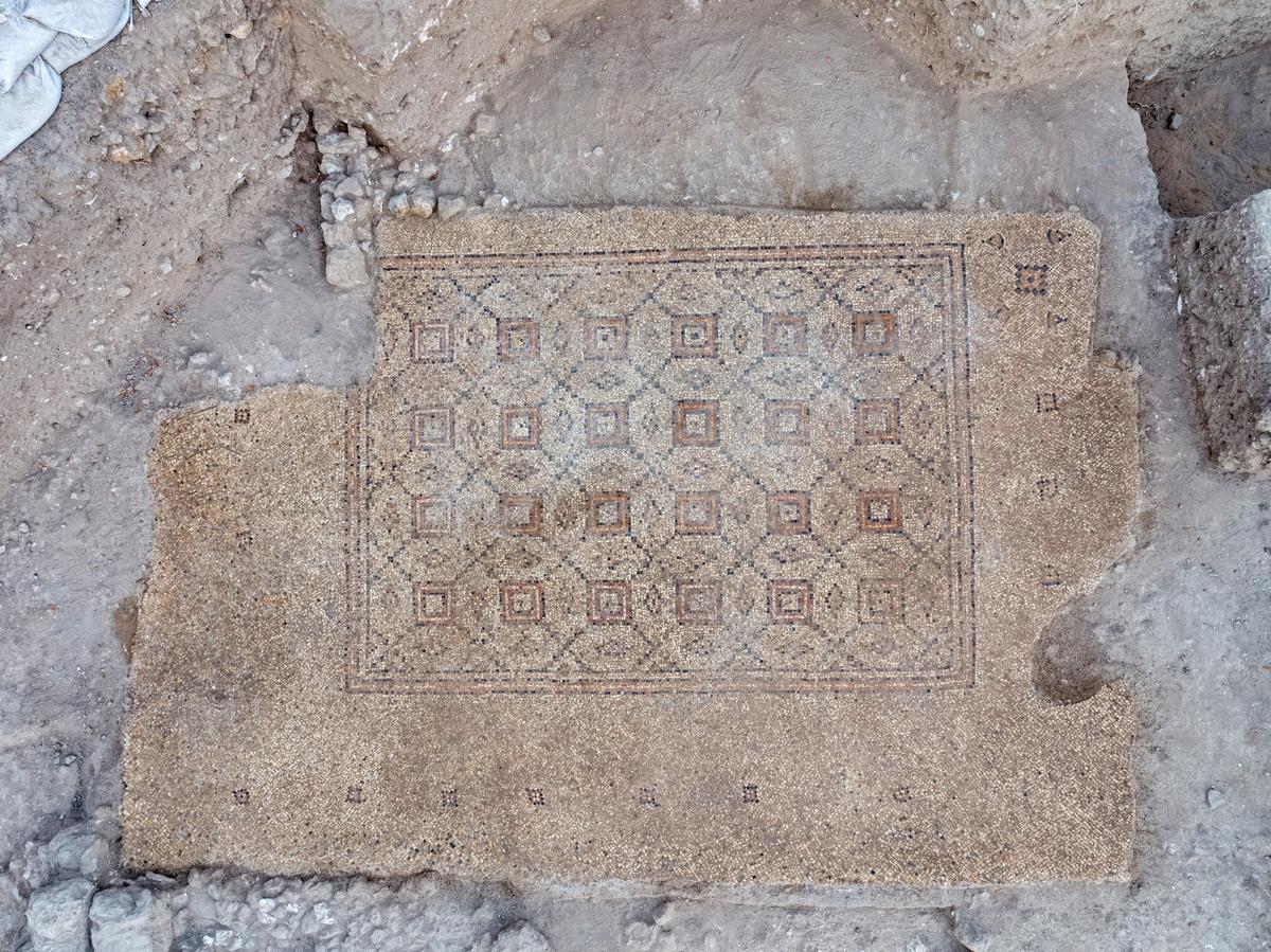 The ancient mosaic floor discovered in Yavne. (Courtesy of Assaf Peretz/<a href="https://www.facebook.com/AntiquitiesEN/">Israel Antiquities Authority</a>)