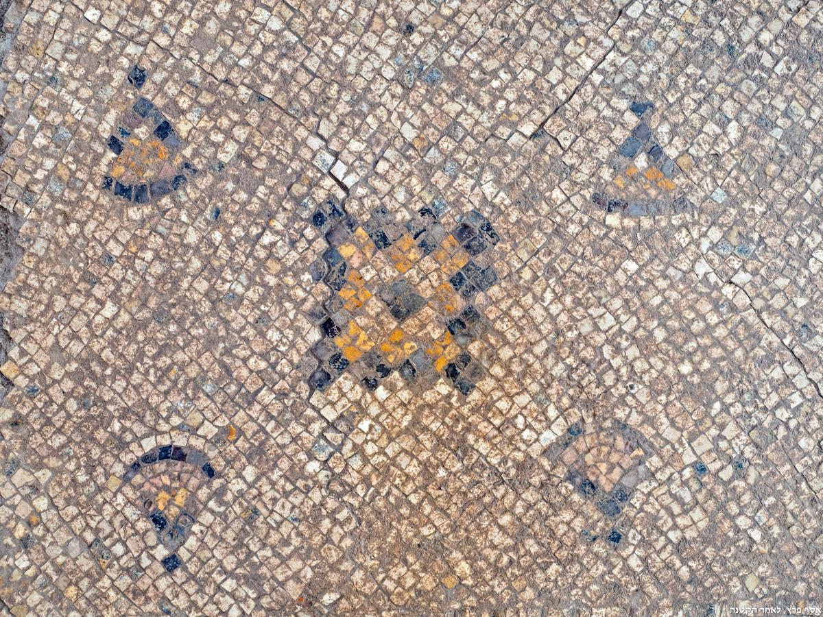 Detail of the ancient mosaic motif. (Courtesy of Assaf Peretz/<a href="https://www.facebook.com/AntiquitiesEN/">Israel Antiquities Authority</a>)