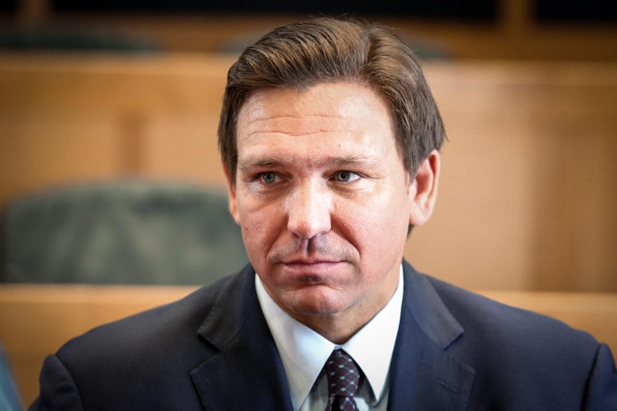 Florida Gov. Ron DeSantis is interviewed by The Epoch Times after signing into law Senate Bill 7072 at Florida International University in Miami on May 24, 2021. (Samira Bouaou/The Epoch Times)