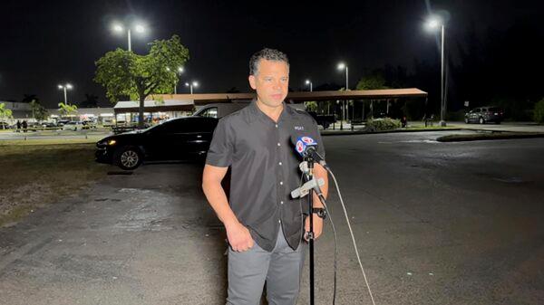 Miami-Dade Police Director Alfredo "Freddy" Ramirez speaks at the scene of a shooting outside a banquet hall near Hialeah, Fla., on May 30, 2021. (Devoun Cetourte/Miami Herald via AP)