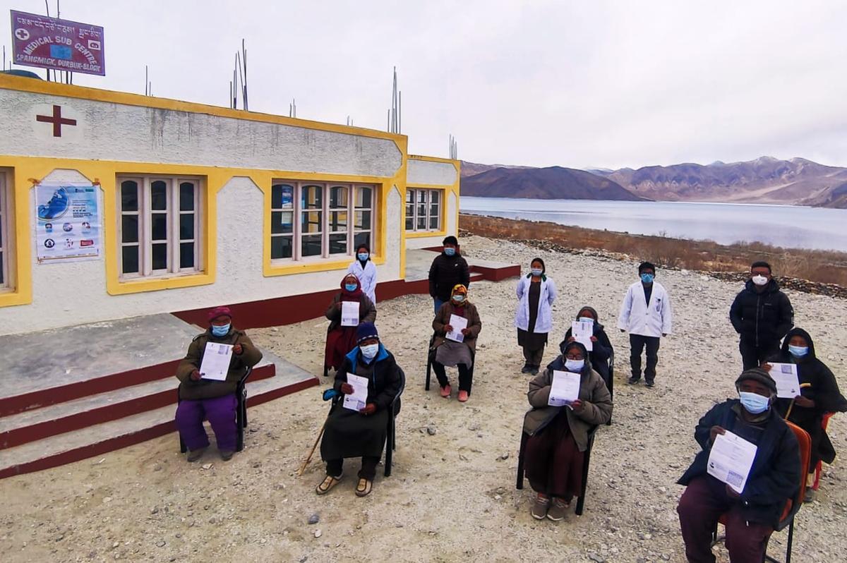Villagers in the 60-plus age group show their vaccination certificates at the Medical sub-center in Spangmik village in the Chushul sector in eastern Ladakh, on April 22, 2021. (Picture courtesy Kunchok Stanzin)
