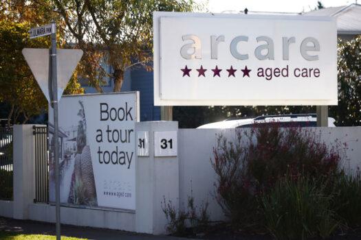 Signage is seen at Arcare aged care facility in Maidstone on May 30, 2021 in Melbourne, Australia. (Daniel Pockett/Getty Images)