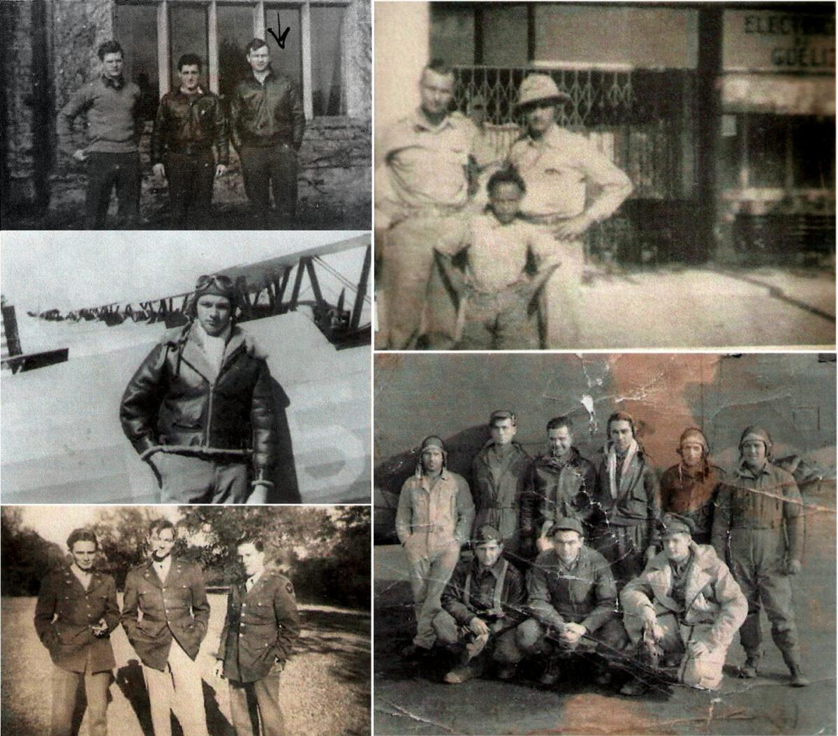 Top-Left: Lt. Harold Johnson stands with Air Corps friends. Center-Left: Lt. Johnson during World War II. Bottom-Left: Lt. Johnson (C) stands with friends in November 1942. Top-Right: Lt. Johnson (L) in North Africa in 1943. Bottom-Right: Lt. Johnson (Front-Center) is seen in Norwich, England, in 1944. (Courtesy of Mary Lou Ridinger)
