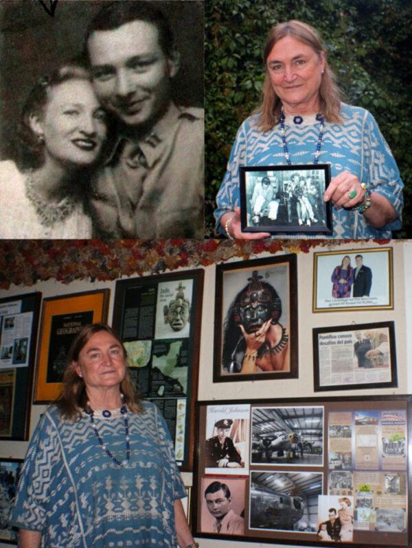 Top-Left: Lt. Harold Johnson poses with his wife, Betty. (Courtesy of Mary Lou Ridinger) Top-Right: Mary Lou Ridinger holds a photograph of her family. Her father, Lt. Johnson, was killed shortly after this picture was taken. (Myriam Moran, © 2014) Bottom: Mary Lou Ridinger stands next to a memorial wall for her father, Lt. Johnson. (Myriam Moran, © 2014)