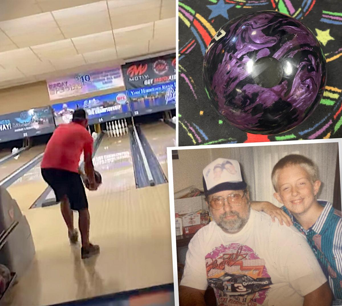 (Left) A video screen shot of Hinkle's memorable bowling night; (Top-Right) The bowling ball containing Hinkle's dad’s ashes; (Bottom-Right) John Hinkle (R), as a boy, with his father. (Courtesy of <a href="https://www.facebook.com/john.hinkle.77">John Hinkle</a>)