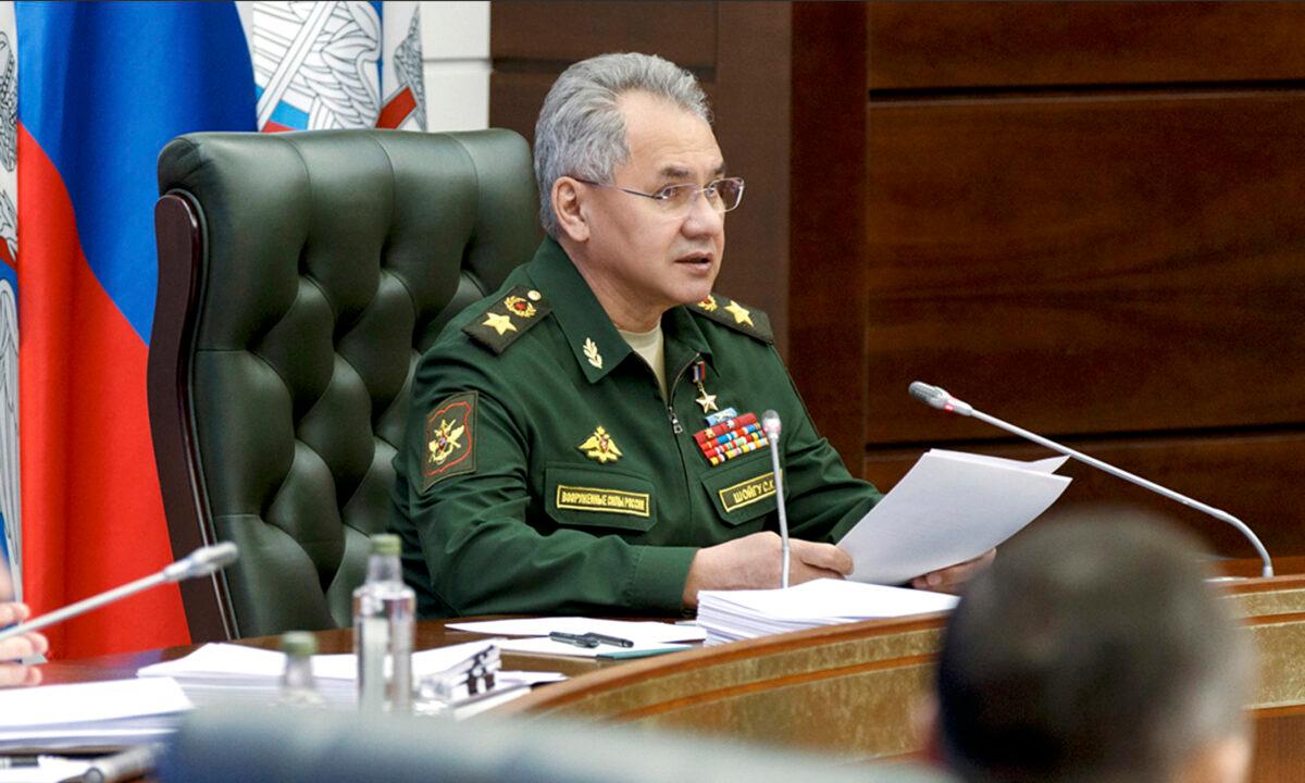 Russian Defense Minister Sergei Shoigu speaks during a meeting with high level military officials in Moscow on May 31, 2021.(Russian Defense Ministry Press Service via AP)