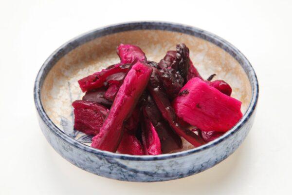 Shibazuke, an eggplant pickle colored magenta by red shiso leaves and myoga. (sasazawa/shutterstock)