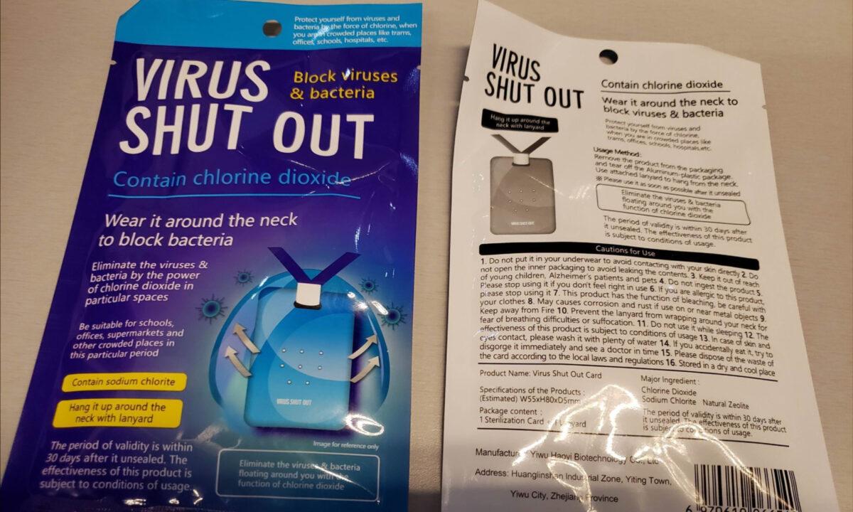 A shipment of the "Virus Shut Out" products, which are marketed to protect against COVID-19 and contain the hazardous pesticide Chlorine Dioxide, was seized in Nogales, Ariz., on April 16, 2021. (Courtesy of Customs and Border Protection)